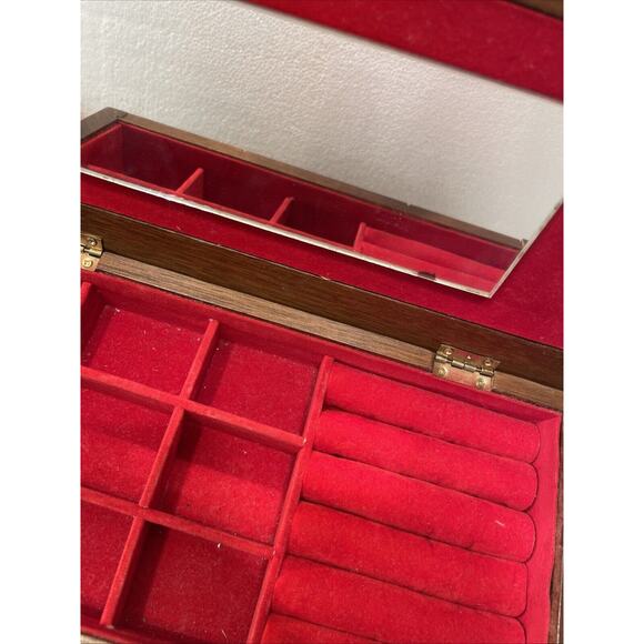 Vintage Two Drawer Oak Wood Jewelry Box with Brocade Fabric Top Beautiful - Picture 3 of 11